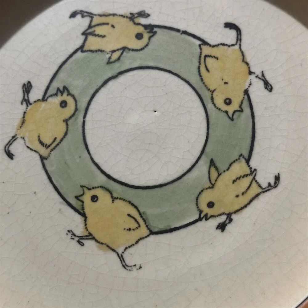 Roseville Pottery Baby's Plate Creamware Ducks Chicks Circa 1920 Rolled Edge